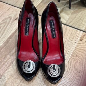 Charles Jourdan Black and Silver Peep Toe Heels